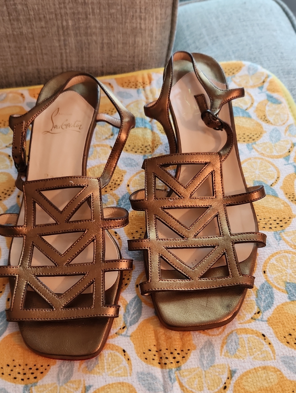 Christian Louboutin Metallic Bronze Geometric Cutout Sandals